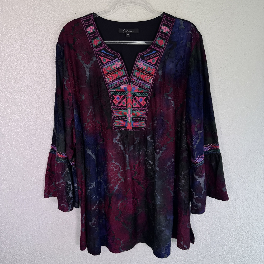Calessa Tunic Top Womens 3X Embroidered Boho Bell Sleeve Textured Plus Size